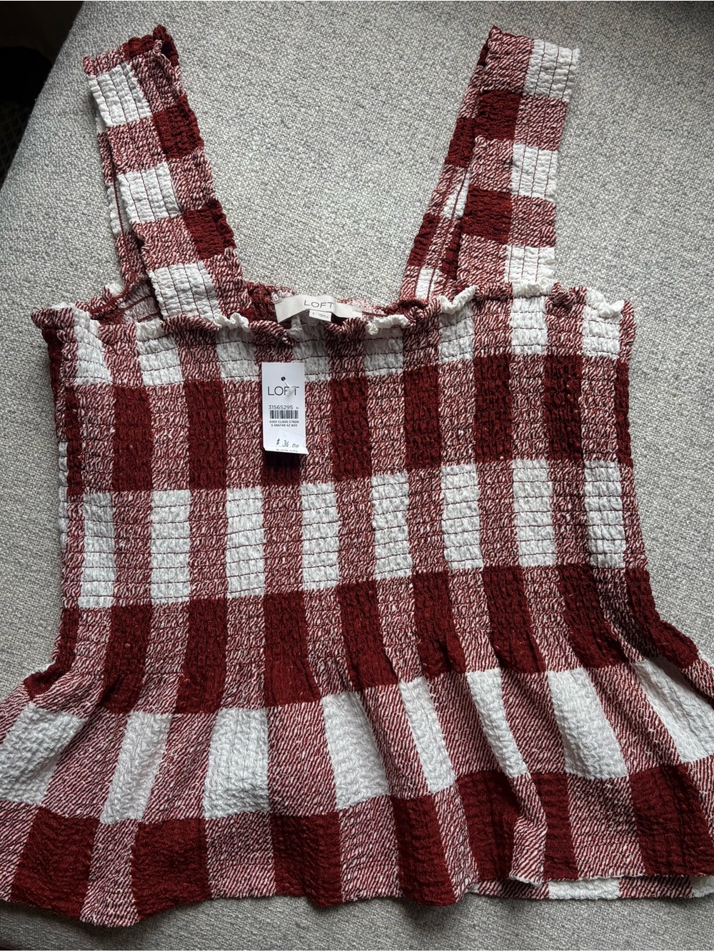 NWT Loft Rust & White Smocked Stretchy Peplum Sleeveless Top - Picture 2 of 5